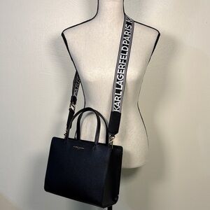 Authentic Karl Lagerfeld Genuine Leather Black crossbody bag with Logo Strap